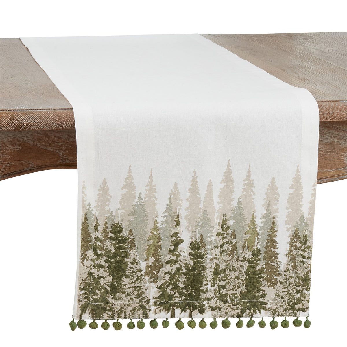 Christmas Green Christmas Tree Pom Pom Table Runner, 100% cotton