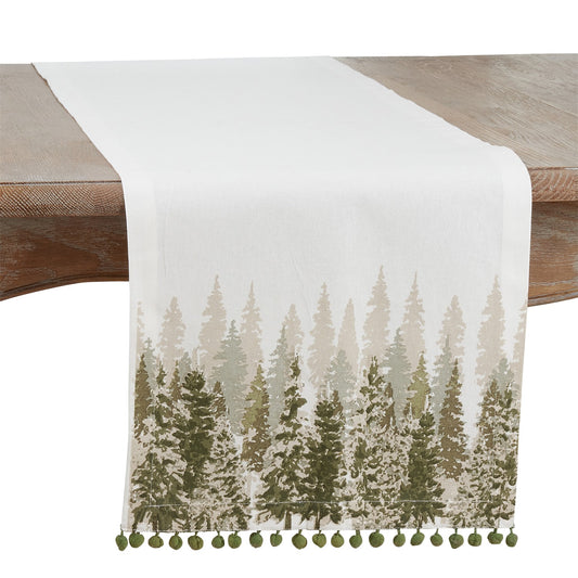 Christmas Green Christmas Tree Pom Pom Table Runner, 100% cotton
