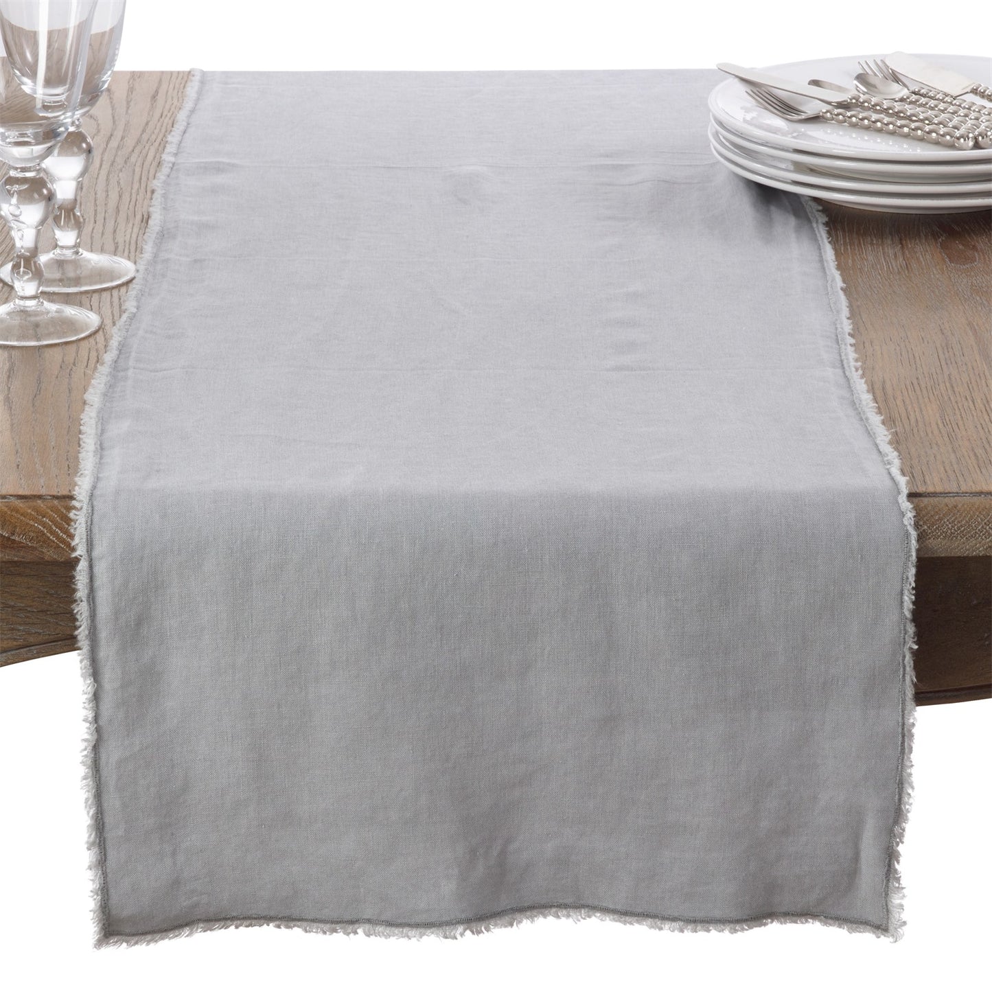 Everyday / All Season Grey Fringed Design Stone Washed Table Runner, 100% linen