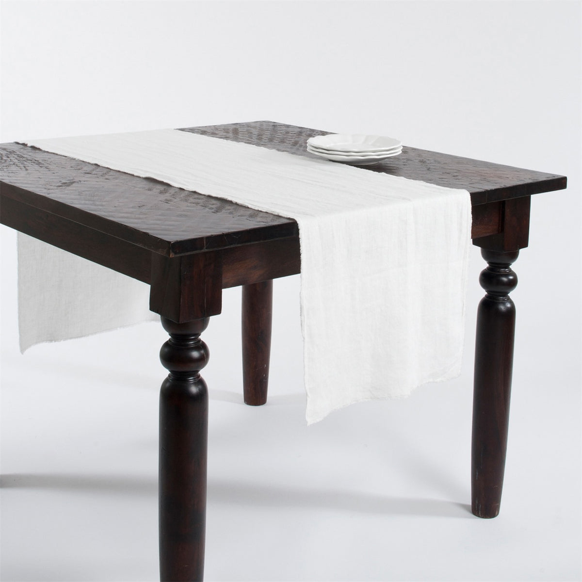 Everyday / All Season Ivory Off-White Fringed Design Stone Washed Table Runner, 100% linen