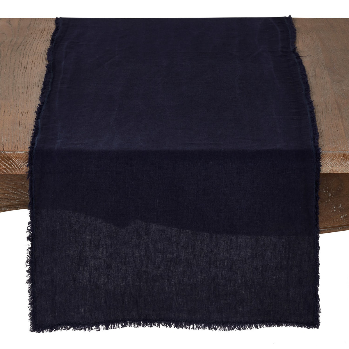 Everyday / All Season Midnight Blue Fringed Design Stone Washed Table Runner, 100% linen