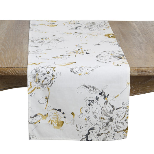 Everyday / All Season Marigold Printed Floral Design Table Runner, 55% linen - 45% cotton