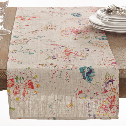 Everyday / All Season Natural Beige Printed Floral Design Table Runner, 100% linen