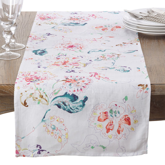 Everyday / All Season White Printed Floral Design Table Runner, 100% linen