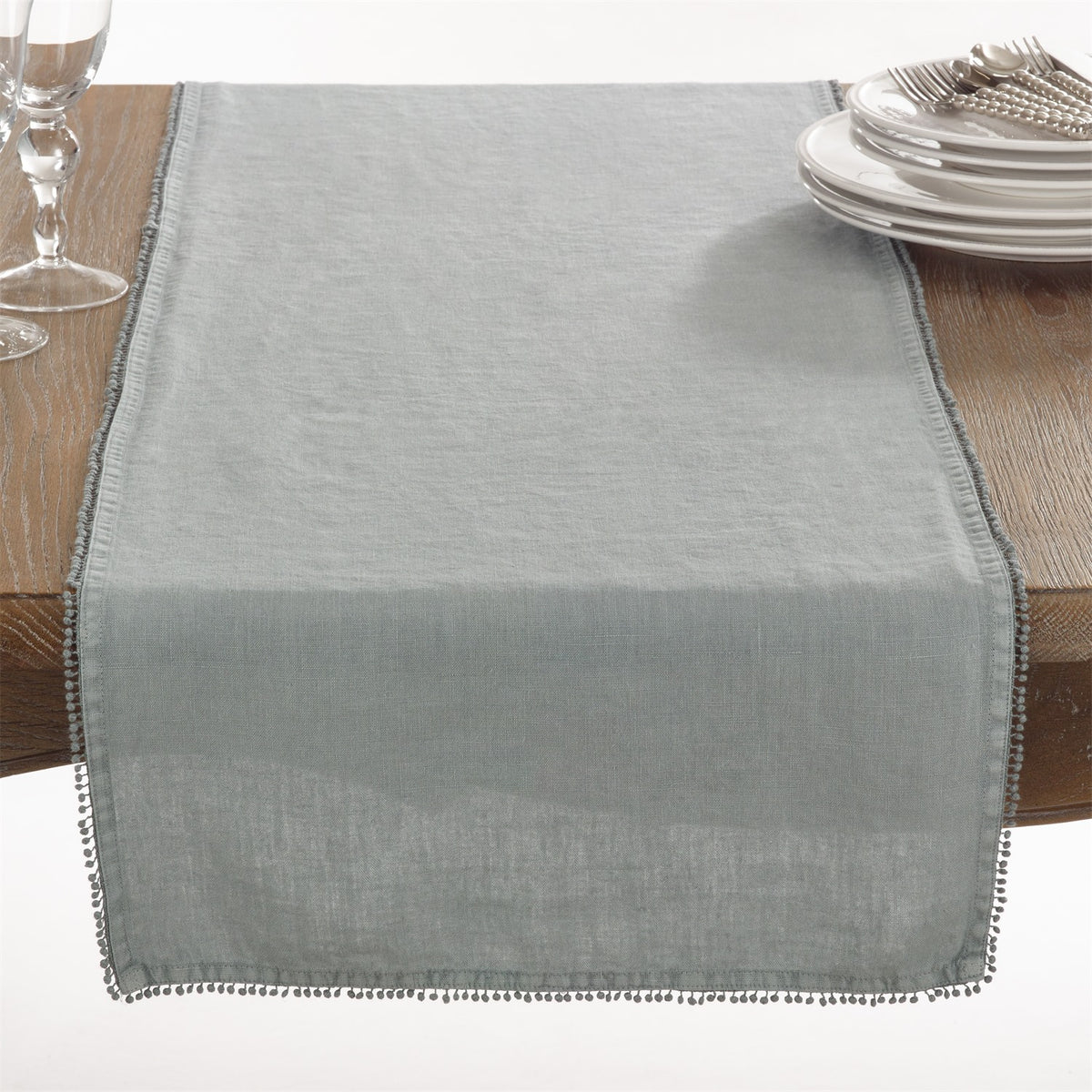 Everyday / All Season Blue-Grey Pompom Design Table Runner, 100% linen