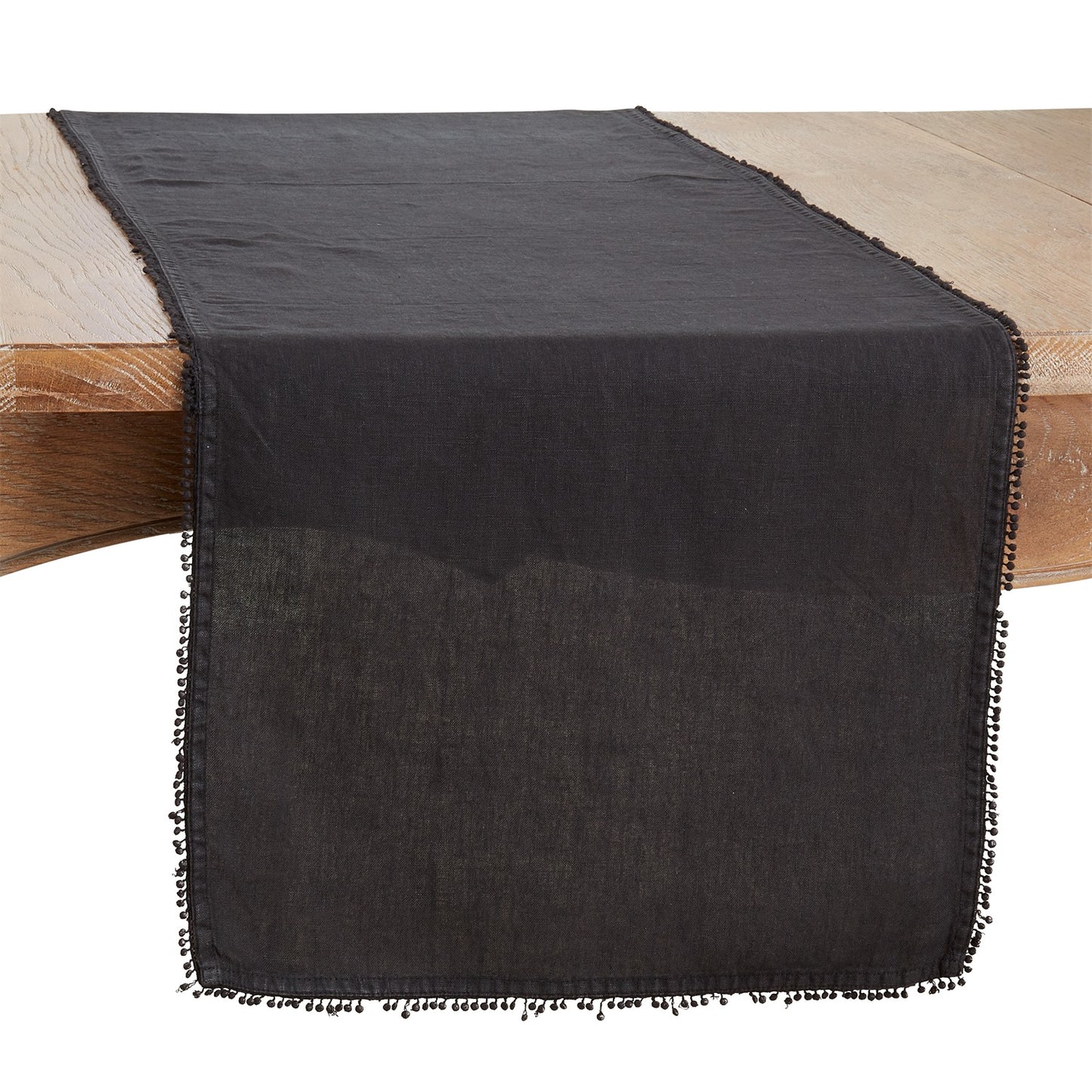 Everyday / All Season Black Pom Pom Design Table Runner, 100% linen