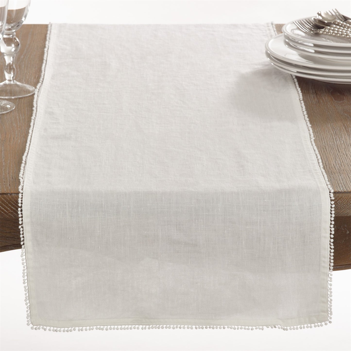Everyday / All Season Ivory Off-White Pompom Design Table Runner, 100% linen