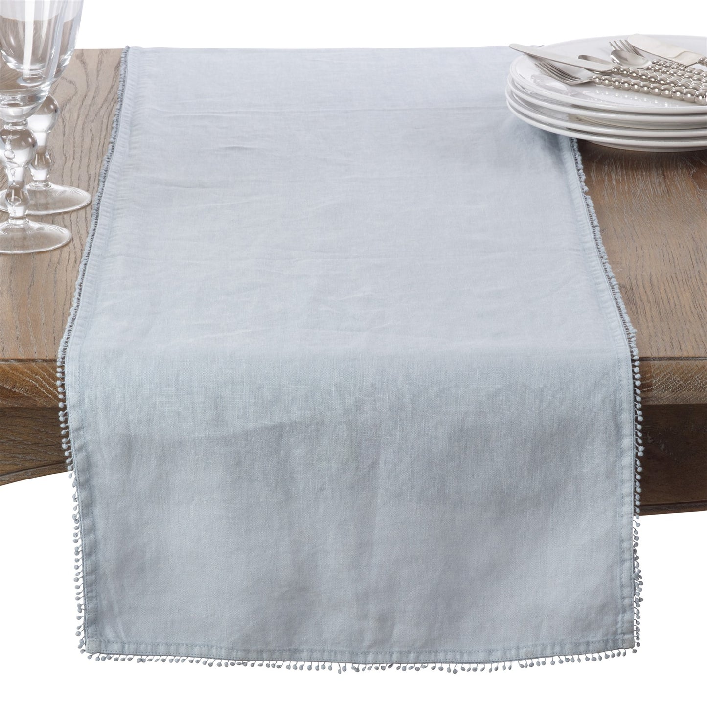 Everyday / All Season Lilac Pompom Design Table Runner, 100% linen
