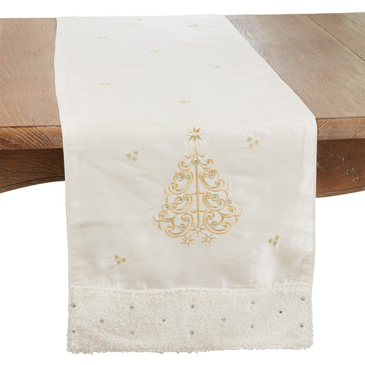 Christmas Gold Embroidered Christmas Tree Table Runner, 100% Polyester
