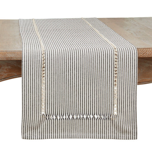 Everyday / All Season Black/White Stripe Hemstitch Table Runner, 100% cotton