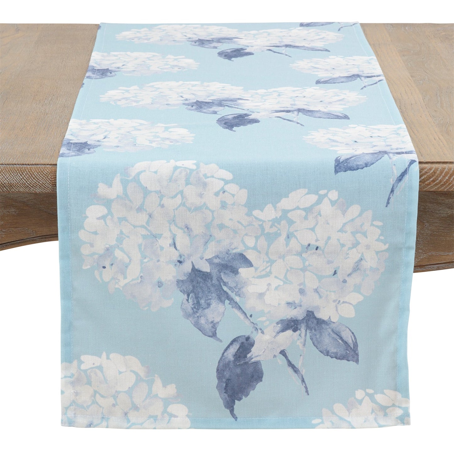 Everyday / All Season Aqua Blue Printed Hydrangea Table Runner, 100% Polyester