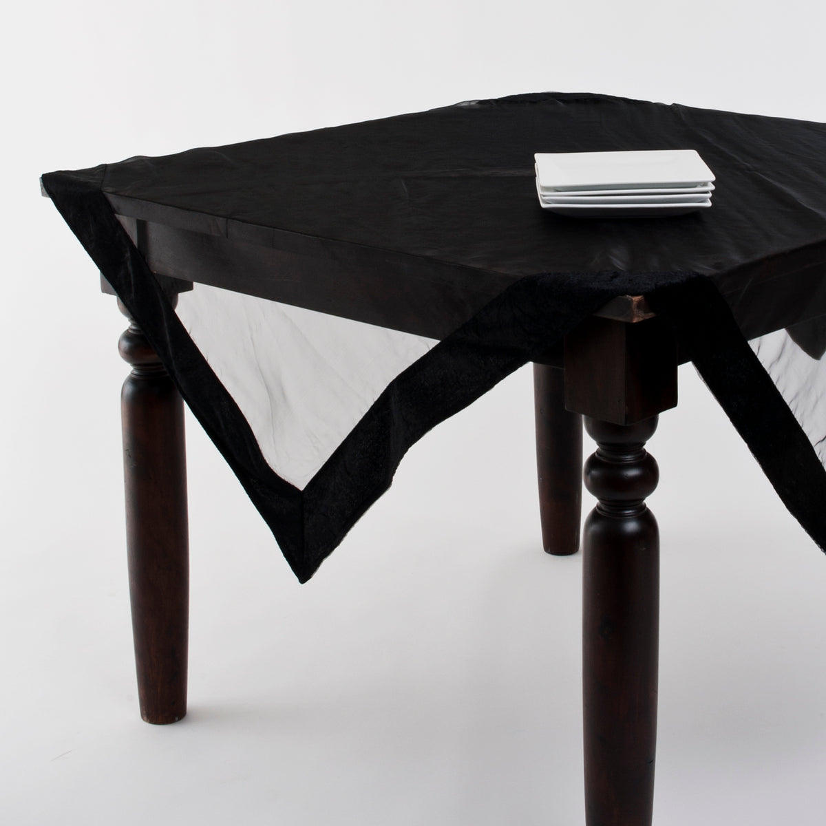 Black  Sheer Tablecloth Trimmed w/Velvet  100% Polyester Woven