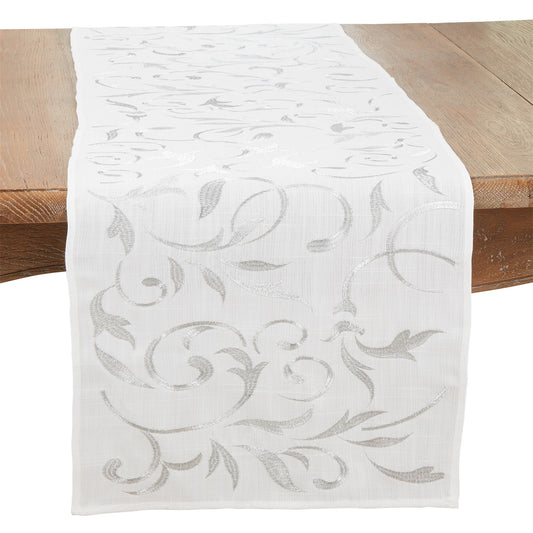 Everyday / All Season Silver Embroidered Leaves Table Runner, 100% Polyester