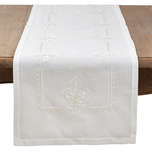 Everyday / All Season Ivory Off-White Embroidered Fleur-de-Lis Table Runner, 100% Polyester
