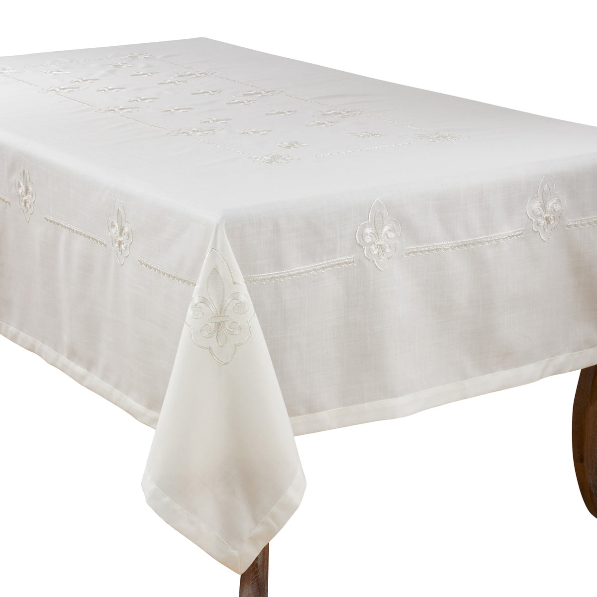 Ivory White Embroidered Fleur-de-Lis Tablecloth  100% POLYESTER