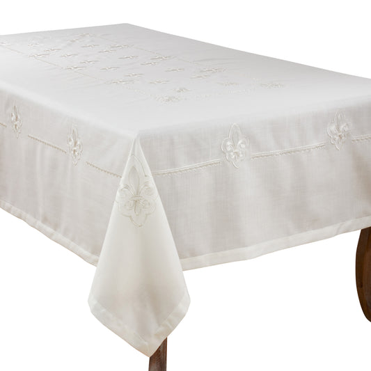 Ivory White Embroidered Fleur-de-Lis Tablecloth  100% POLYESTER