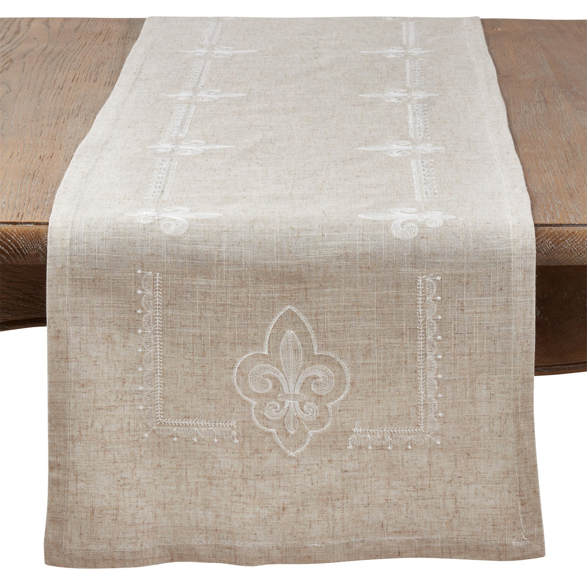 Everyday / All Season Natural Beige Embroidered Fleur-de-Lis Table Runner, 90% polyester - 10% linen
