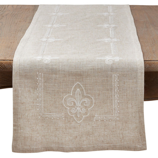 Everyday / All Season Natural Beige Embroidered Fleur-de-Lis Table Runner, 90% polyester - 10% linen