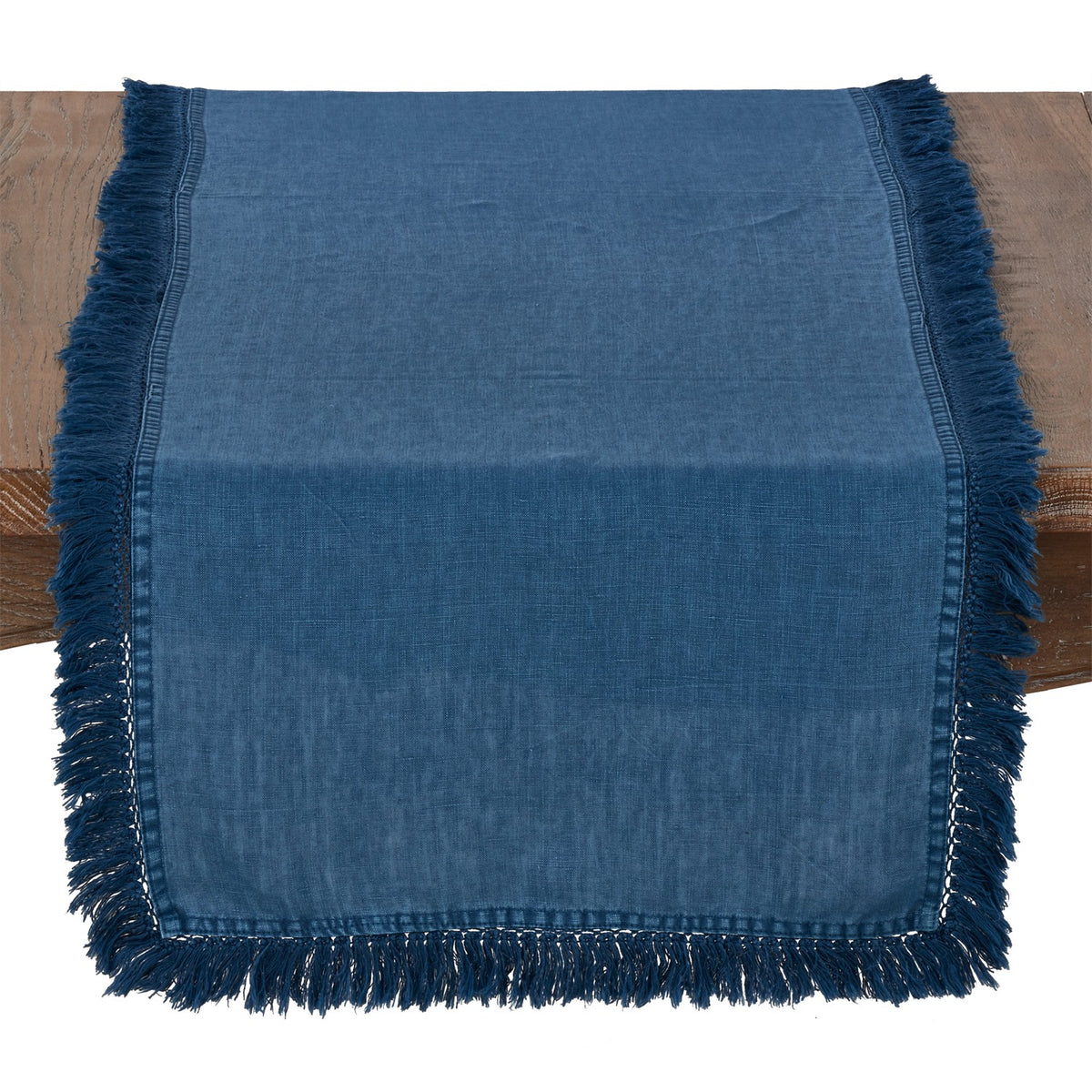 Everyday / All Season Navy Blue Stonewashed Fringe Table Runner, 100% linen
