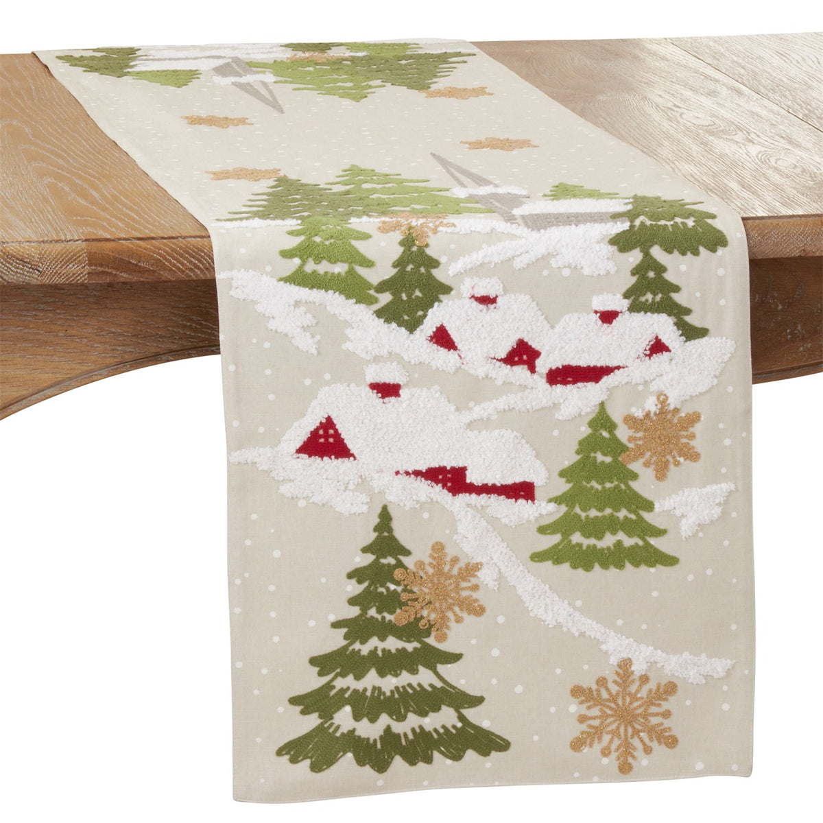 Christmas Natural Beige Embroidered Christmas Mountain Table Runner, 100% Polyester