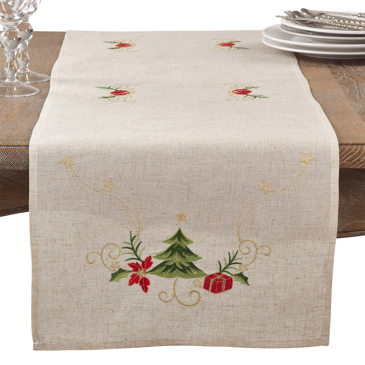 Christmas Natural Beige Embroidered Christmas Table Runner, 80% POLYESTER - 20% LINEN
