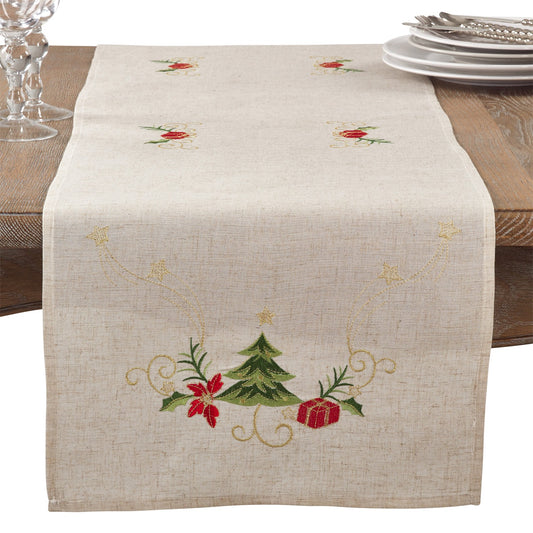 Christmas Natural Beige Embroidered Christmas Table Runner, 80% POLYESTER - 20% LINEN