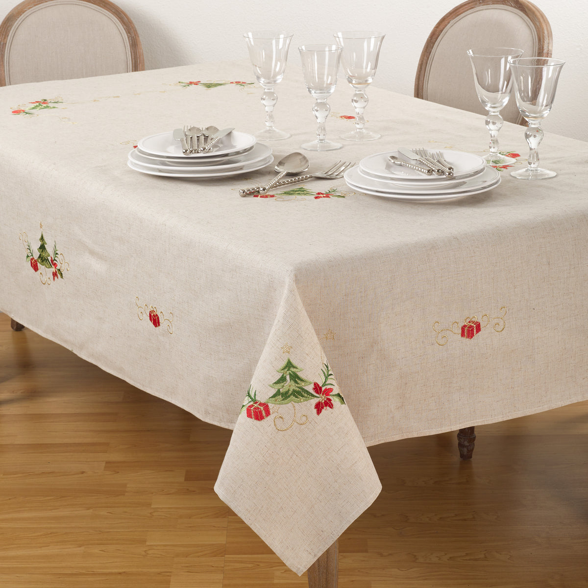 Natural Beige  Embroidered Christmas Tablecloth  80% POLYESTER - 20% LINEN