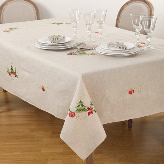 Natural Beige  Embroidered Christmas Tablecloth  80% POLYESTER - 20% LINEN