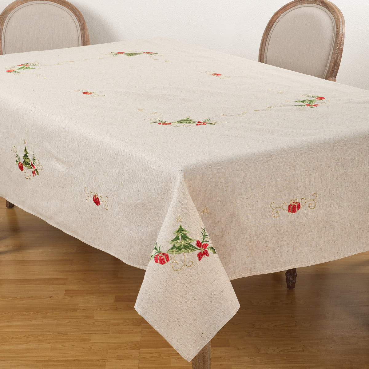 Natural Beige  Embroidered Christmas Tablecloth  80% POLYESTER - 20% LINEN