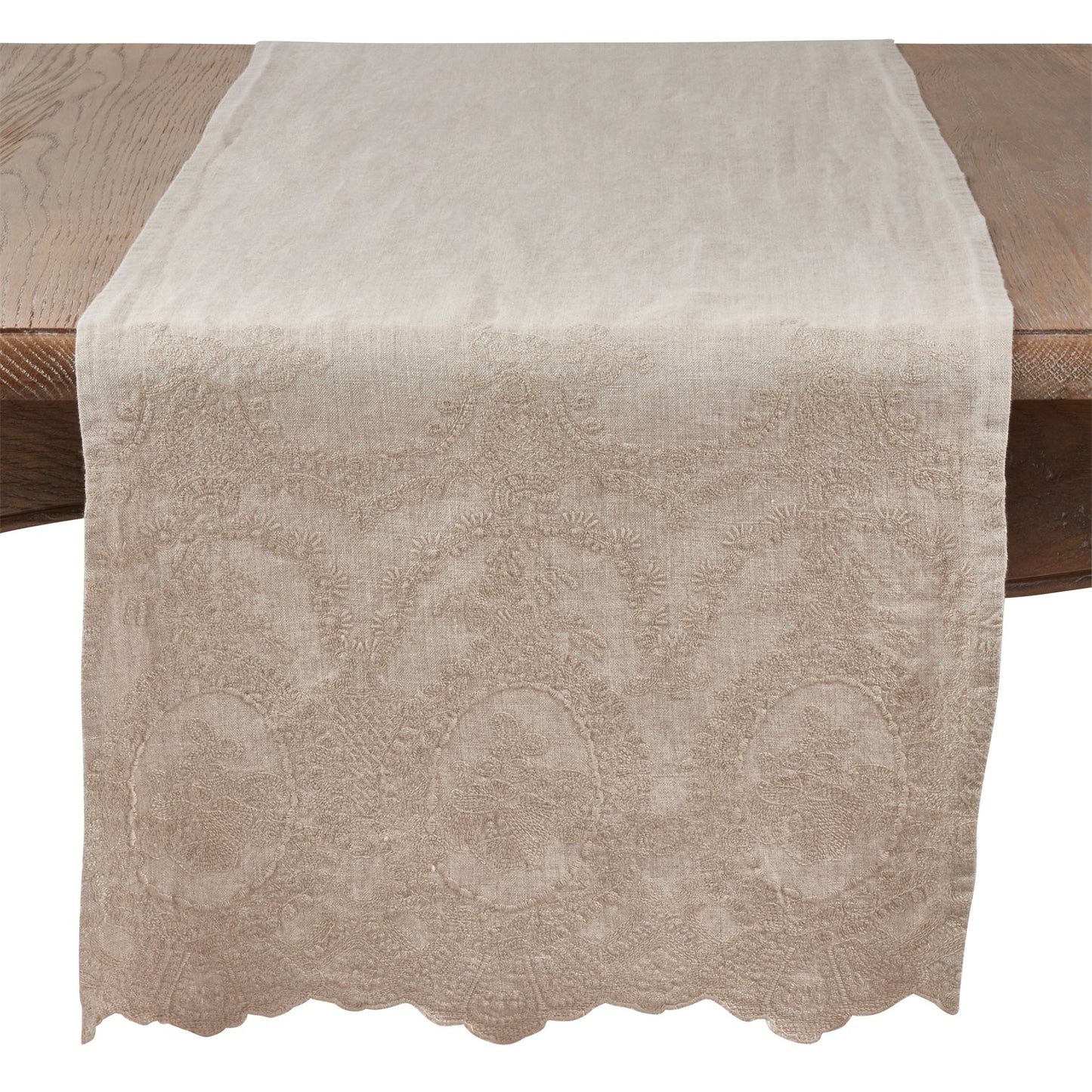 Everyday / All Season Natural Beige Stonewashed Embroidered Table Runner, 100% linen