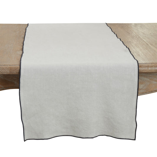 Everyday / All Season Blue-Grey Stonewashed Stitch Border Table Runner, 100% linen
