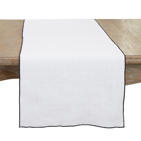 Everyday / All Season Black Stonewashed Stitch Border Table Runner, 100% linen