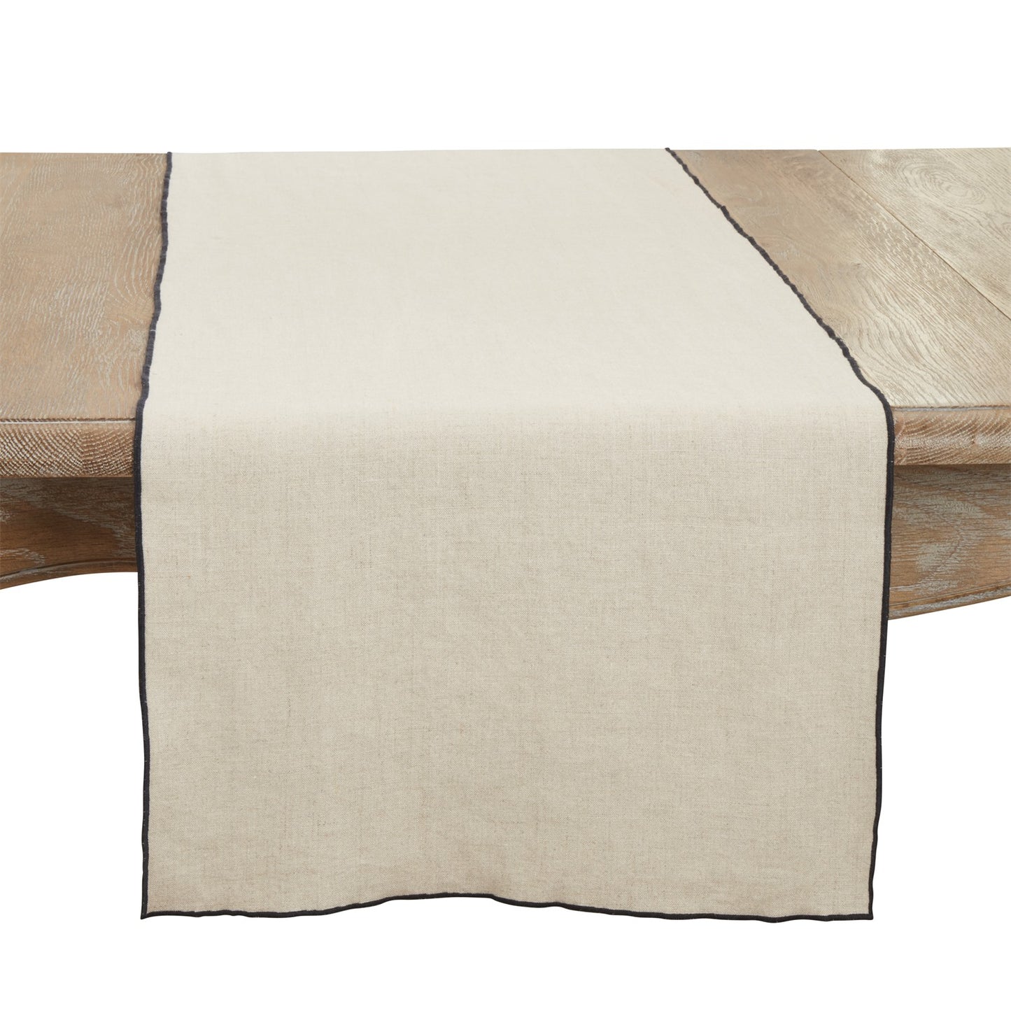 Everyday / All Season Black/Natural Stonewashed Stitch Border Table Runner, 100% linen