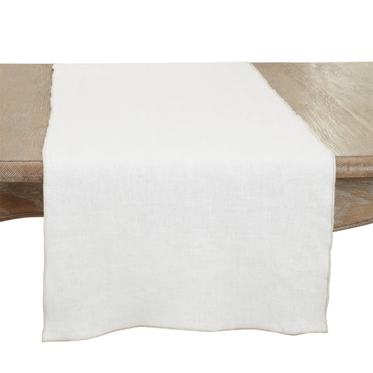 Everyday / All Season Ivory Off-White Stonewashed Stitch Border Table Runner, 100% linen