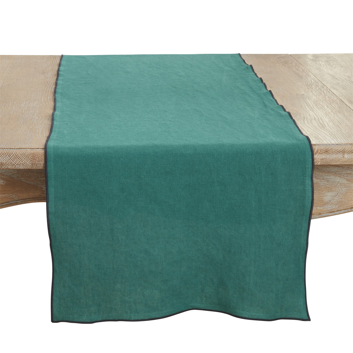Everyday / All Season Jasper Green Stonewashed Stitch Border Table Runner, 100% linen
