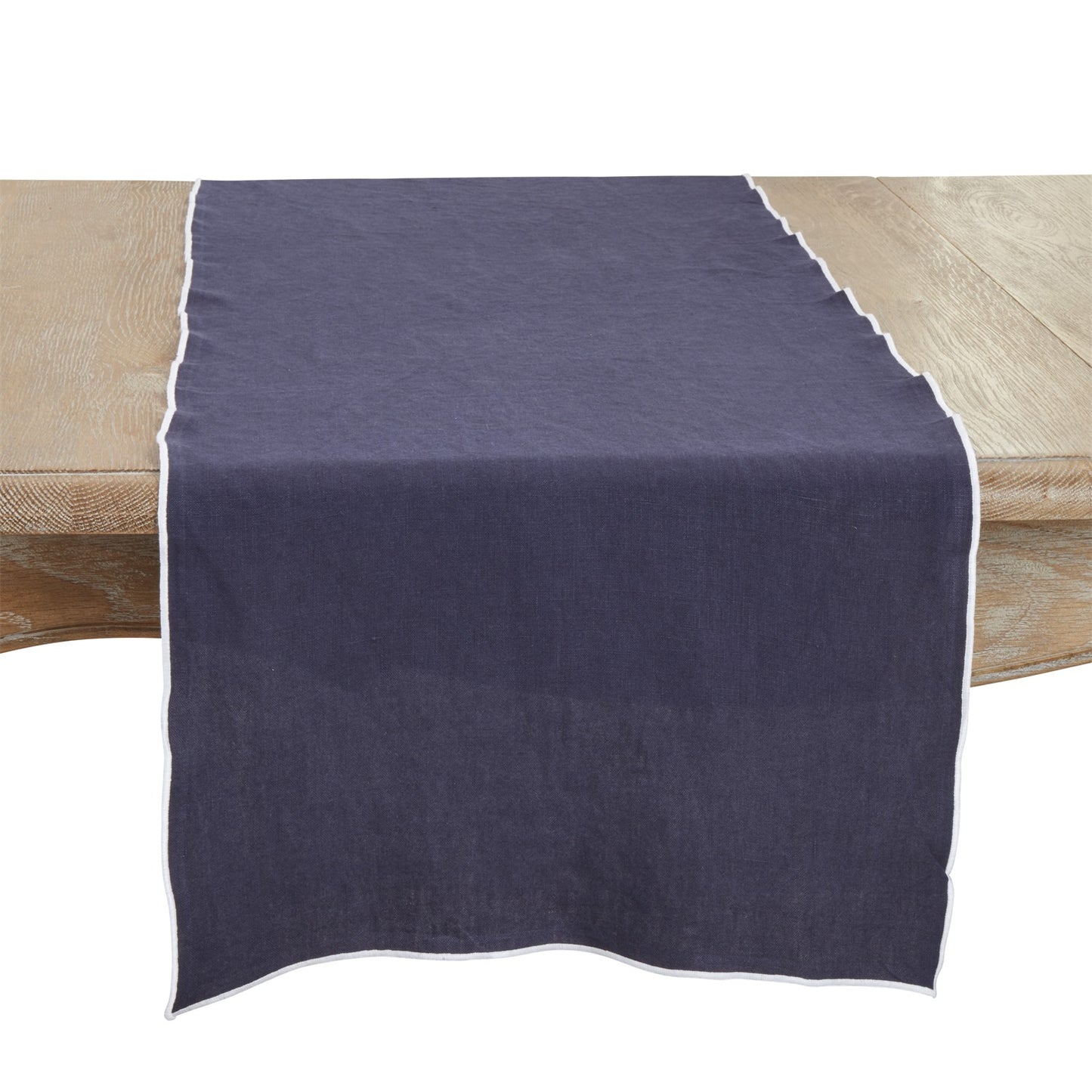 Everyday / All Season Midnight Blue Stonewashed Stitch Border Table Runner, 100% linen