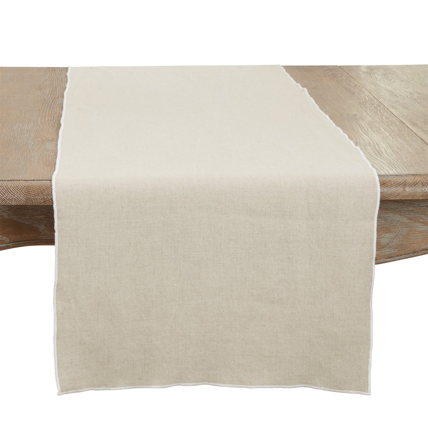 Everyday / All Season Natural Beige Stonewashed Stitch Border Table Runner, 100% linen