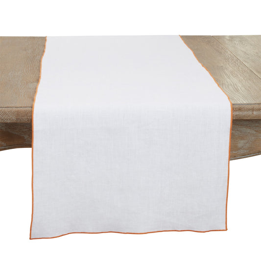 Everyday / All Season Orange Stonewashed Stitch Border Table Runner, 100% linen