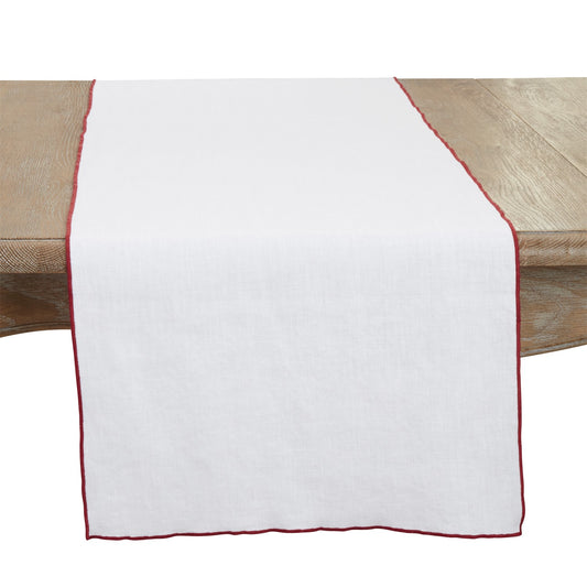 Everyday / All Season Red Stonewashed Stitch Border Table Runner, 100% linen