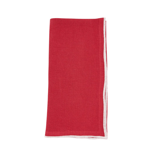 Red/White Stonewashed Stitch Border Napkins 100% linen, 20 Inch Square (4 pcs.)