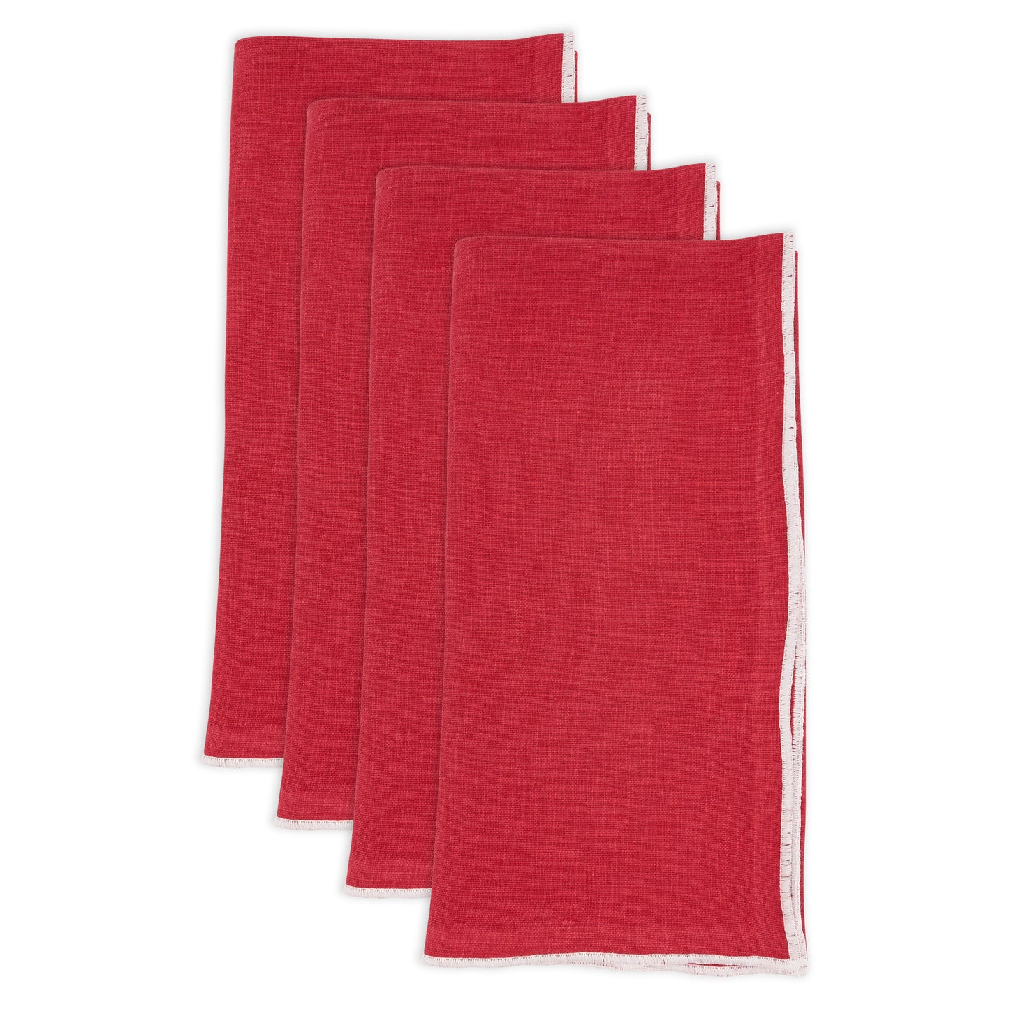 Red/White Stonewashed Stitch Border Napkins 100% linen, 20 Inch Square (4 pcs.)
