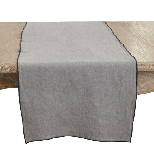 Everyday / All Season Slate Grey Stonewashed Stitch Border Table Runner, 100% linen