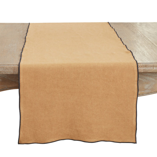 Everyday / All Season Terracotta Orange Stonewashed Stitch Border Table Runner, 100% linen