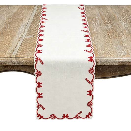 Christmas Red/White Candy Cane and Bows Table Runner, 100% polyester