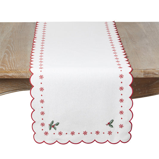 Christmas Natural Beige Scalloped Holly and Snowflake Table Runner, 90% - cotton - 10% metallic