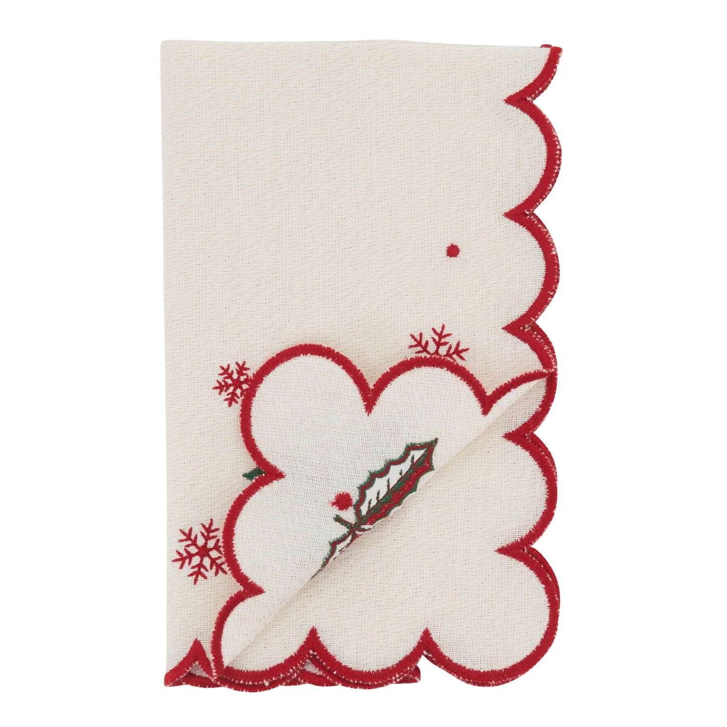 Natural Scalloped Holly and Snowflake Napkins 90% - cotton - 10% metallic, 20 Inch Square (4 pcs.)