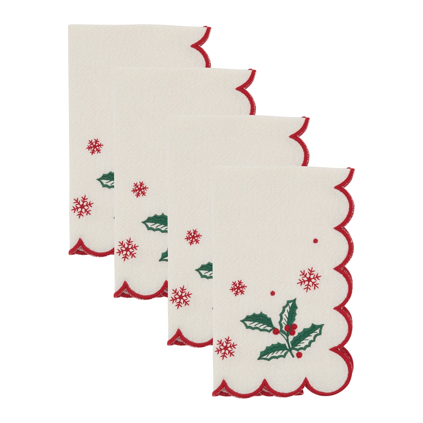 Natural Scalloped Holly and Snowflake Napkins 90% - cotton - 10% metallic, 20 Inch Square (4 pcs.)