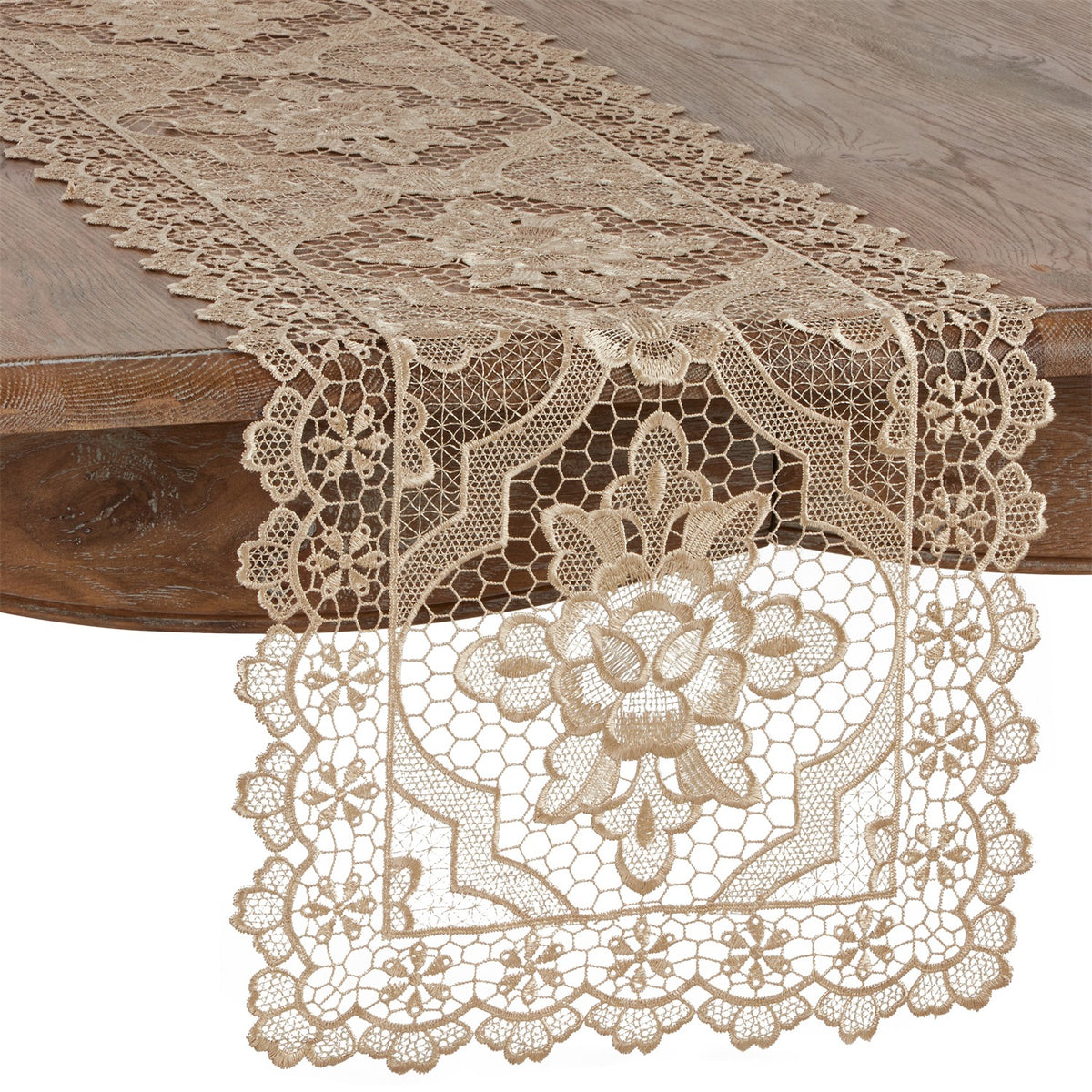 Everyday / All Season Ecru Beige All Over Lace Table Runner, 100% Polyester
