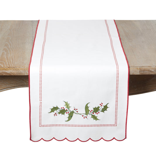 Christmas White Holly Table Runner, 100% cotton