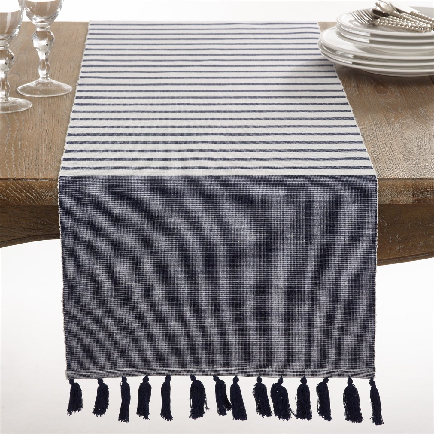 Everyday / All Season Navy Blue Ribbed Tassel Table Runner, 100% cotton